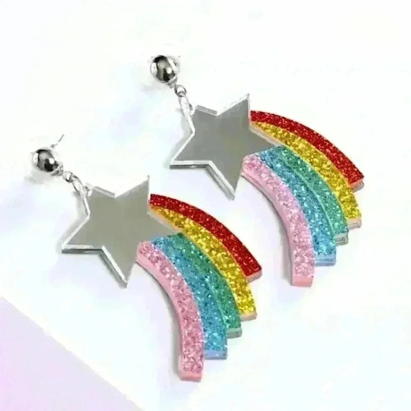 Jewelry - Glittery Rainbow Shooting Star Earrings, Festival Party Jewelry, Girls Night Out